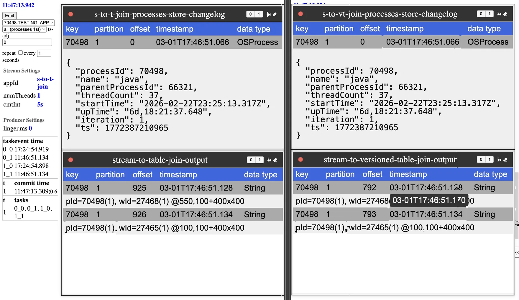 Demo UI showing one process and two windows joined in the same iteration, with the partition changing from 1 to 0